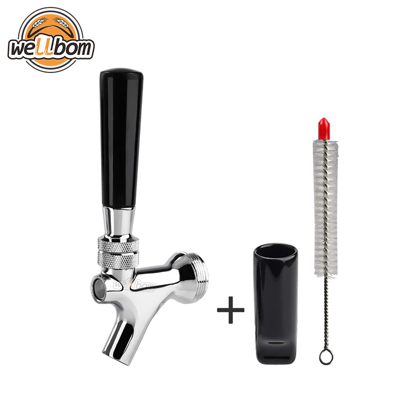 Chrome Plated Brass Draft Beer Keg Tap Faucet With Black Handle & Tap Brush & Faucet Cap For Home Beer Brewing